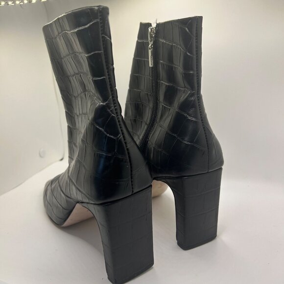 Schutz Black Croc-Embossed Leather Ankle Boots With Square Toe & Side Zipper 8.5 - Picture 4 of 9